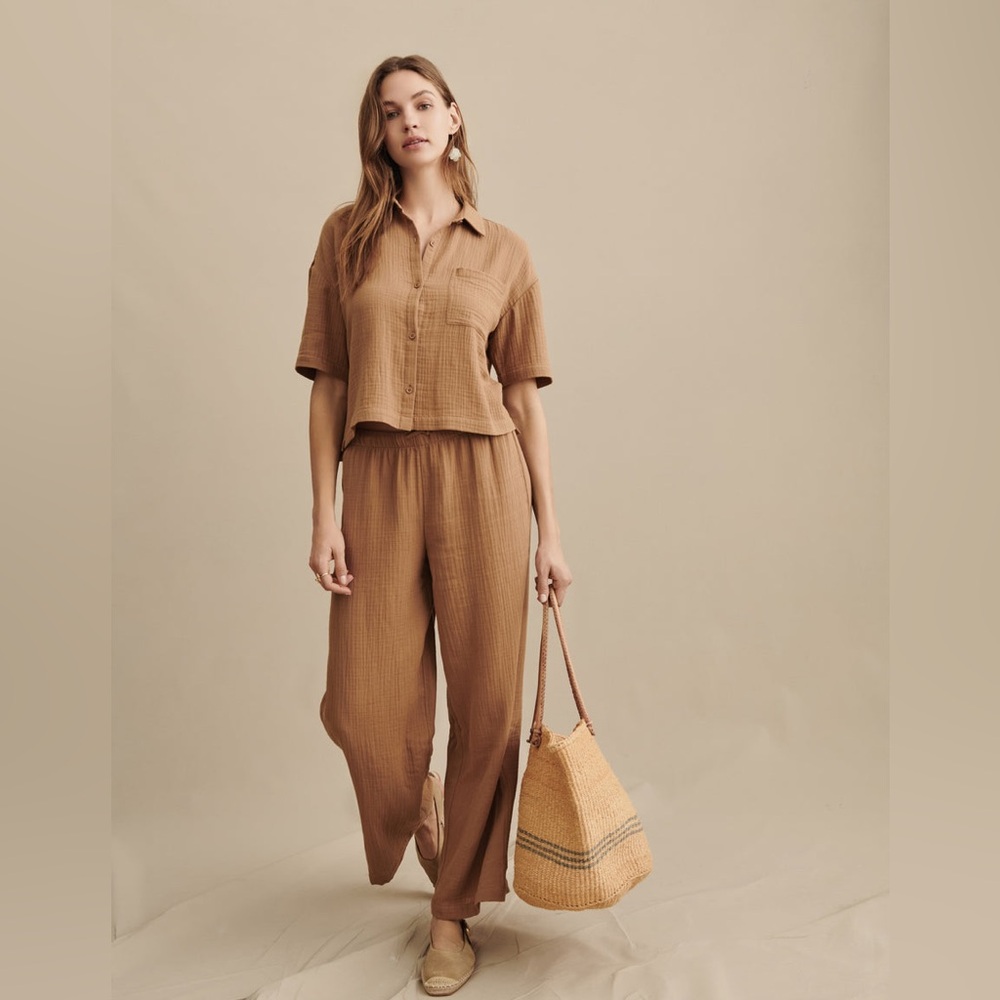 New Barefoot Dreams Cotton Gauze Wide Leg Pant in Sable, Size S